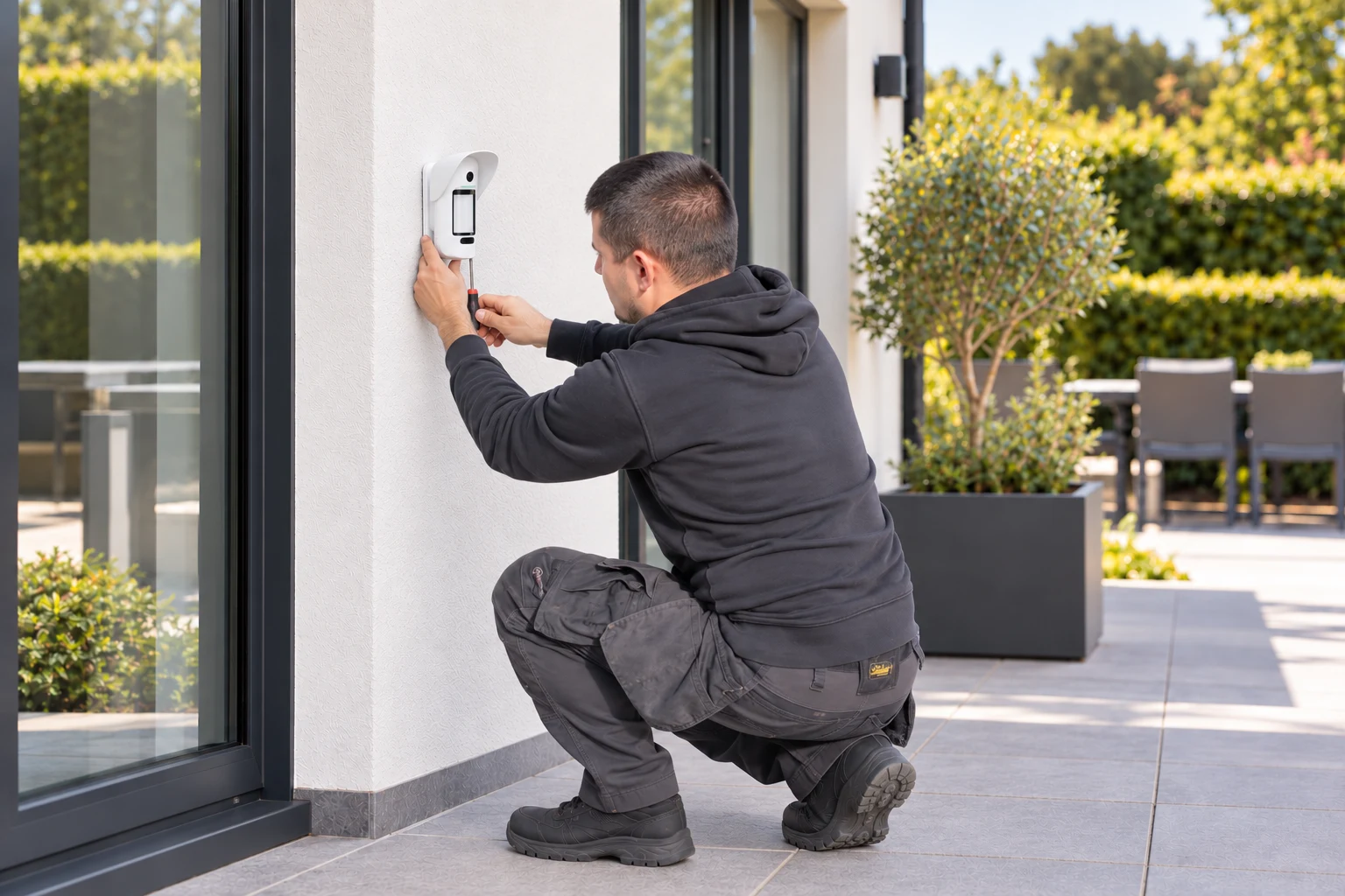 Illustration générée par IA de l’installateur iSecurit posant un détecteur extérieur, à partir de la photo fournie