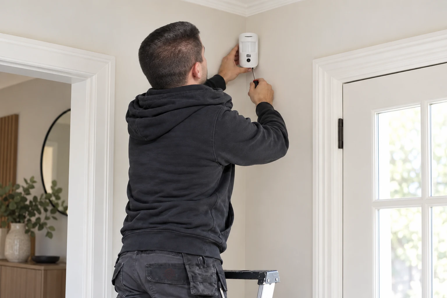 Illustration générée par IA de l’installateur iSecurit posant un détecteur intérieur, à partir de la photo fournie